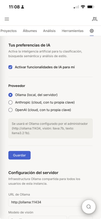Selección de proveedor de IA en photoshelf: Ollama local, Anthropic u OpenAI